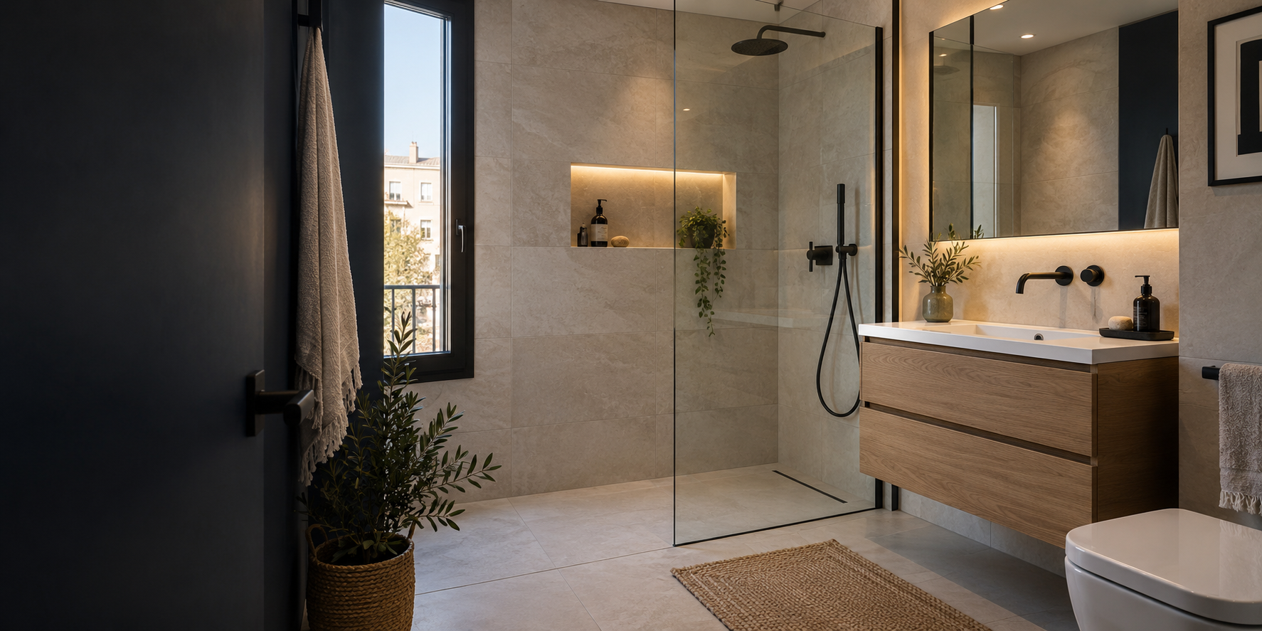 Baño moderno terminado con ducha de obra